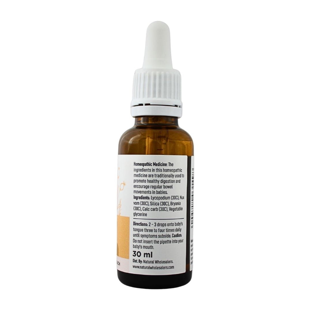 BabyNature Constipation Drops Bottle showing ingredients, directions, and claims that it contains no artificial ingredients and is safe for babies.