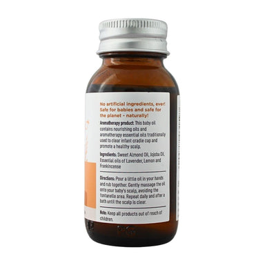 BabyNature Cradle Cap Oil showing ingredients, directions, and claims that it contains no artificial ingredients and is safe for babies.