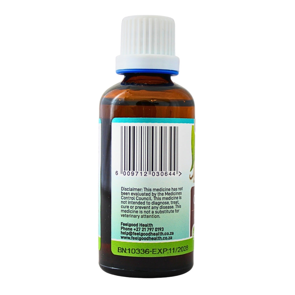 Feelgood Health Cushex 50ml bottle left view showing barcode and product information