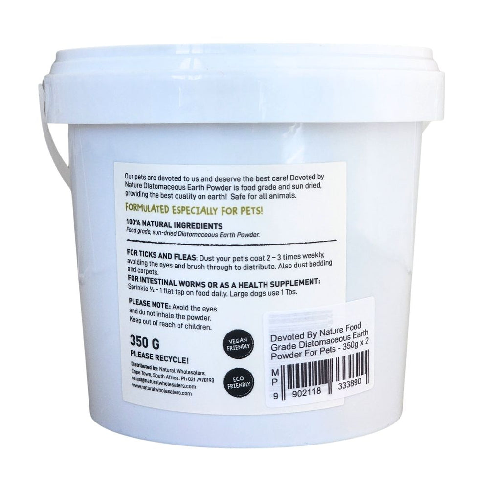 Diatomaceous 350g tub showing the ingredients label with directions for use and supplement facts.