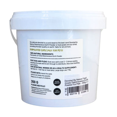 Diatomaceous 350g tub showing the ingredients label with directions for use and supplement facts.