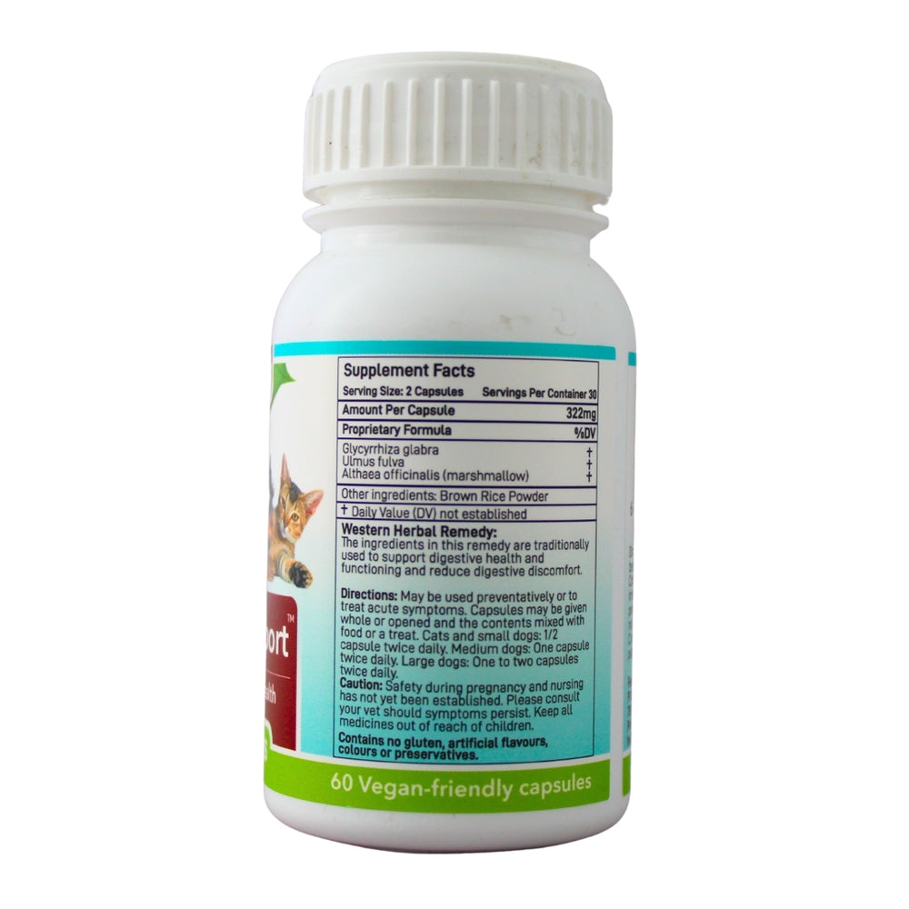 Feelgood Health Digestive Support bottle showing the ingredients label with directions for use and supplement facts.