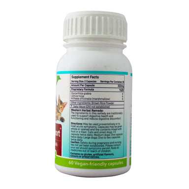 Feelgood Health Digestive Support bottle showing the ingredients label with directions for use and supplement facts.