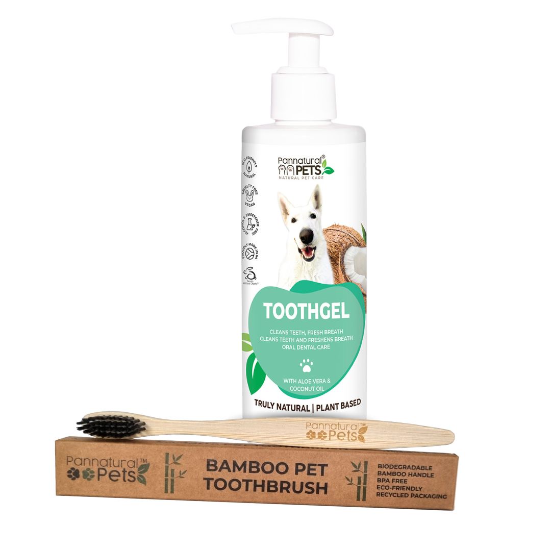 Eco-friendly pet oral care combo including bamboo toothbrush and natural toothgel for dogs, made with aloe vera and coconut oil.