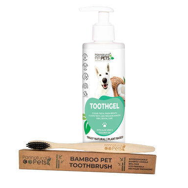Eco-friendly pet oral care combo including bamboo toothbrush and natural toothgel for dogs, made with aloe vera and coconut oil.
