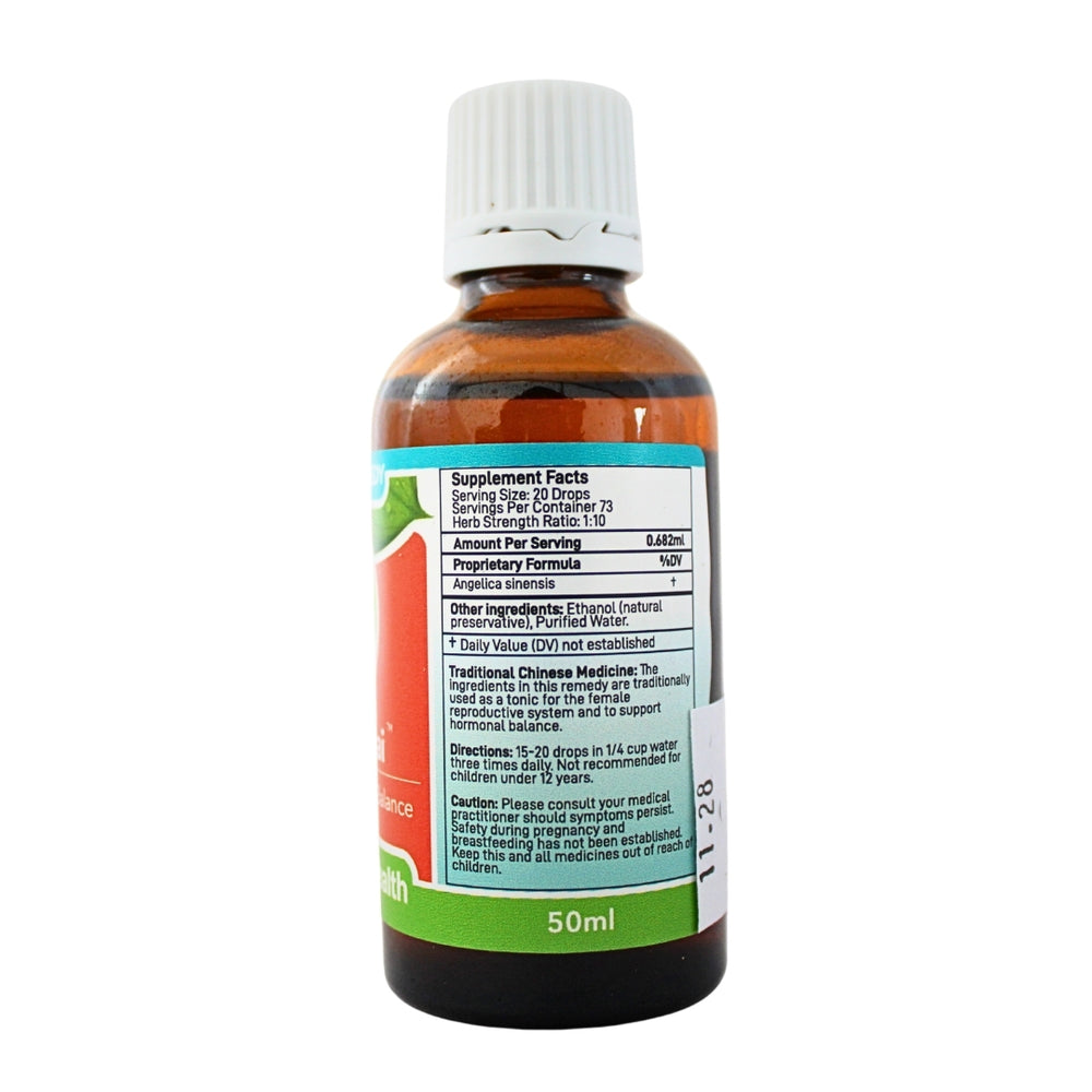 Feelgood Health Don Quai 50ml bottle showing ingredients label and directions for use