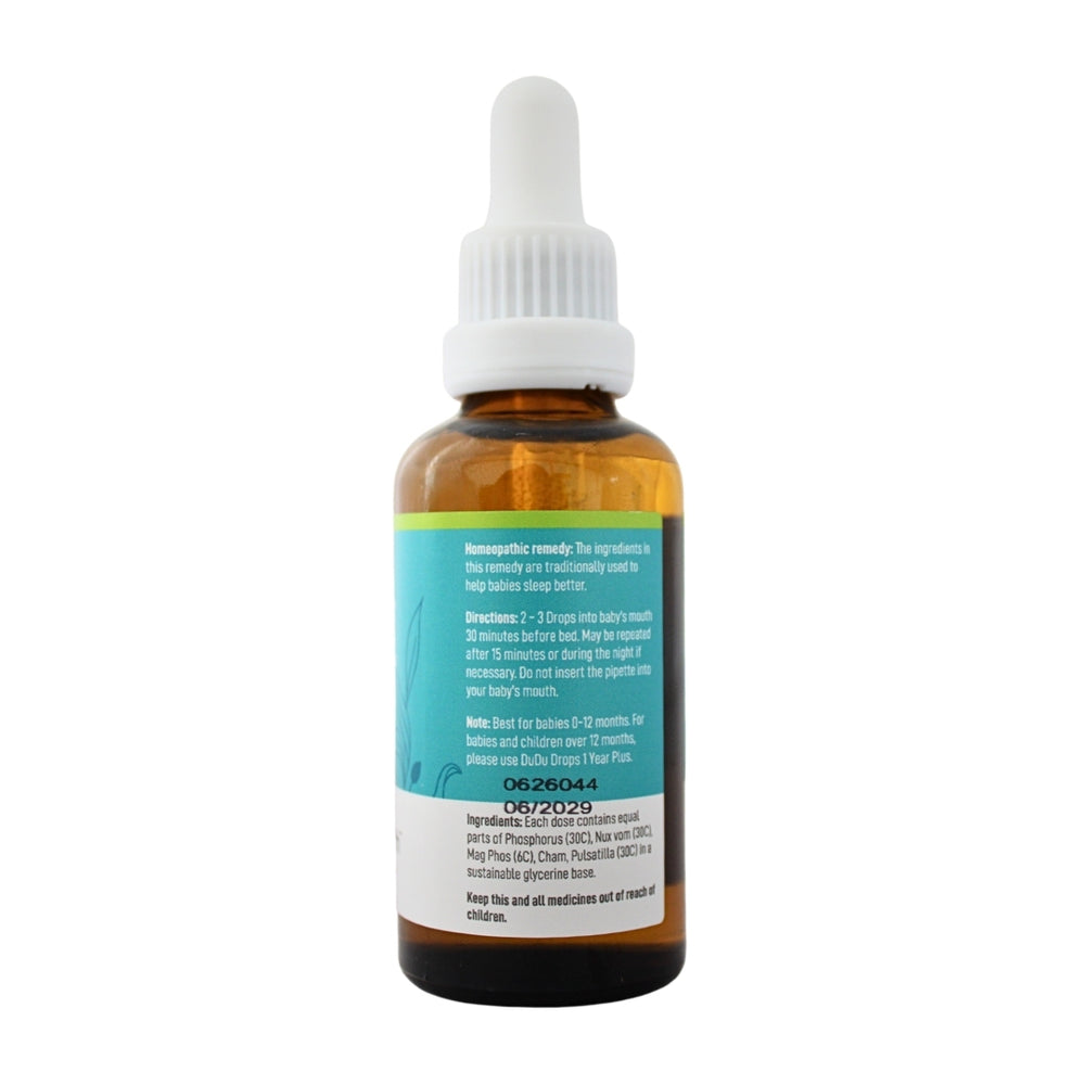 Feelgood Health Dudu drops 0-12 months herbal tincture 50ml bottle showing the ingredients label with directions for use and supplement facts.