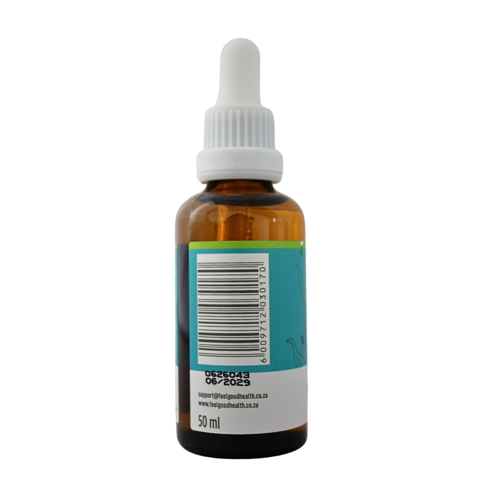 Feelgood Health Dudu drops 1+ yrs 50ml bottle left view showing barcode and product information