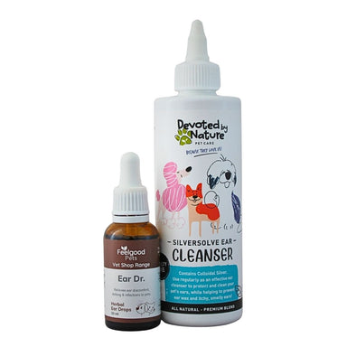 Natural pet ear care bundle featuring Feelgood Pets Ear Dr. Herbal Ear Drops and Silversolve Ear Cleanser for dogs and cats.
