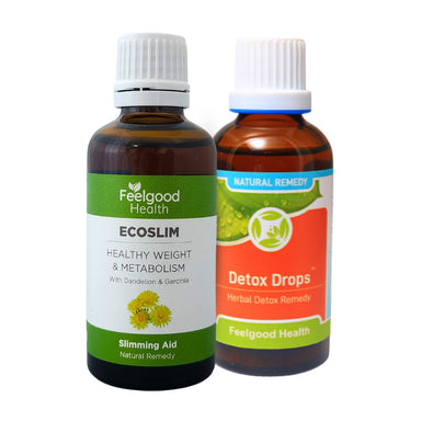 Two bottles of Feelgood Health  slimming and detox products on a white background