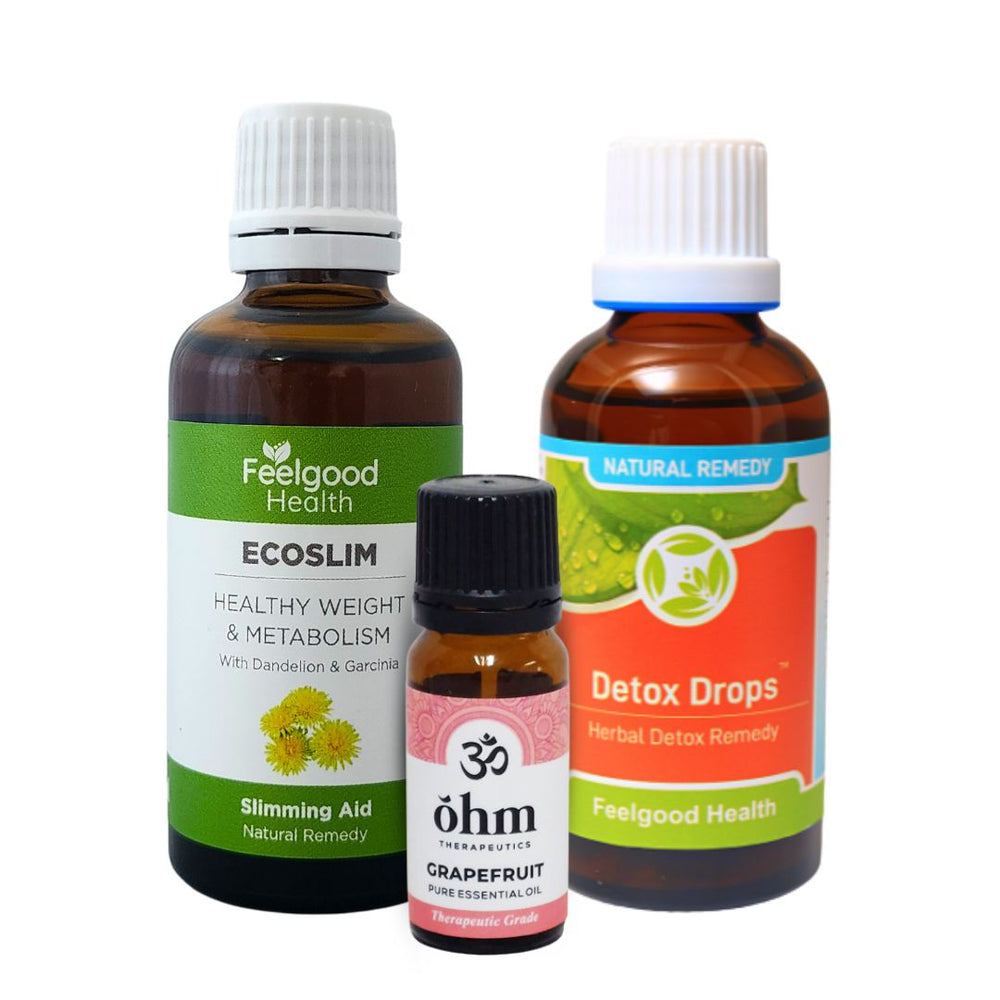 Three bottles of natural slimming and detox products on a white background