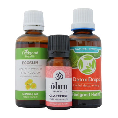 Three bottles of natural slimming and detox products on a white background