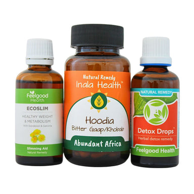 Three slimming and detox supplement bottles from Feelgood Health and Inala Health on a white background