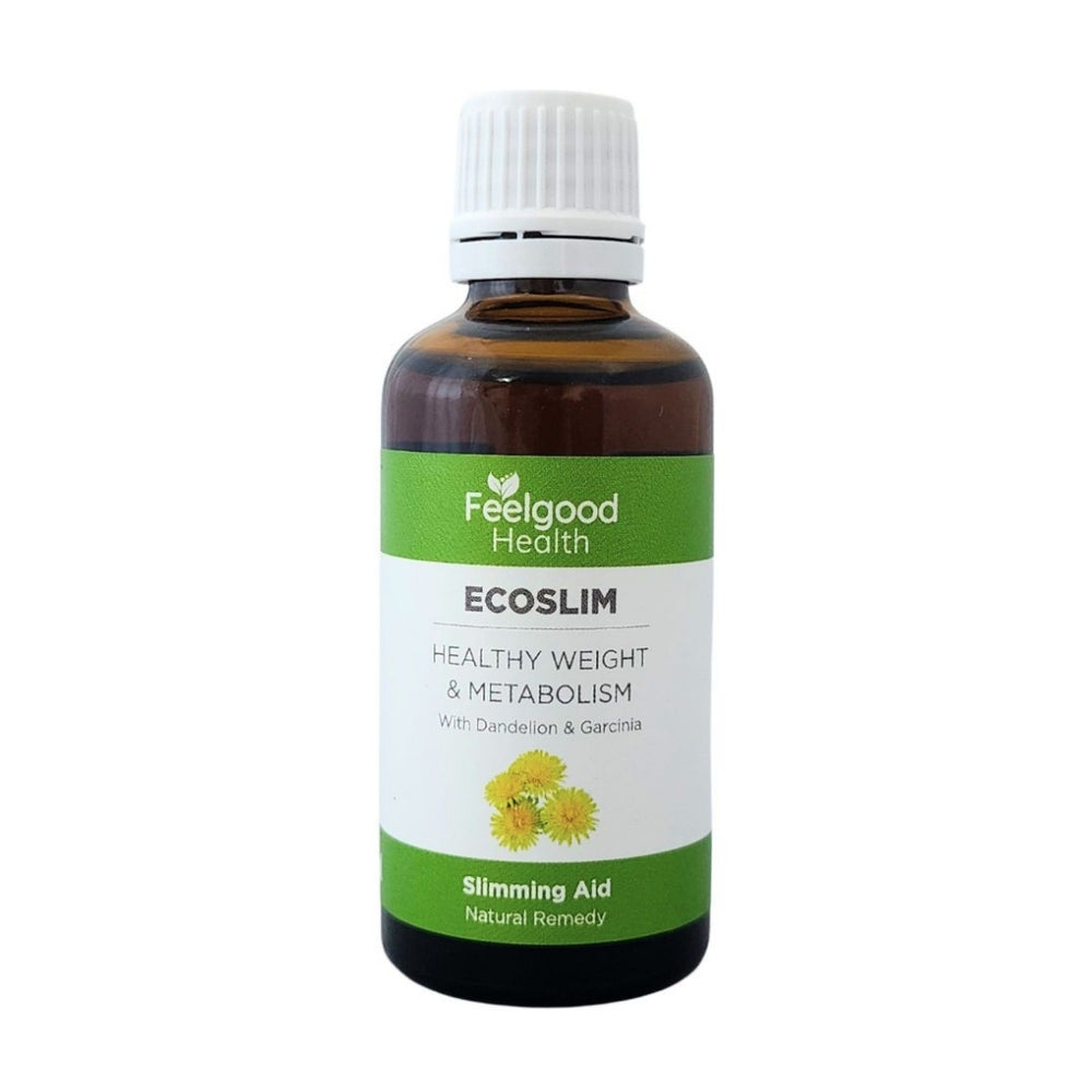 Bottle of Ecoslim Slimming Drops by Feelgood Health on a white background