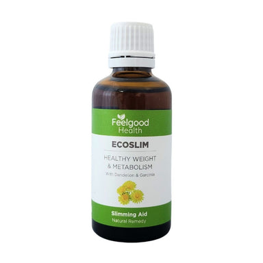 Bottle of Ecoslim Slimming Drops by Feelgood Health on a white background