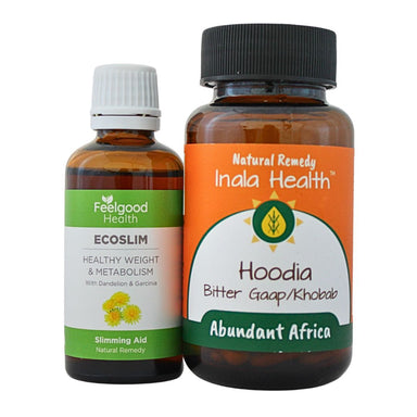 Two natural slimming supplement bottles from Feelgood Health and Inala Health on a white background