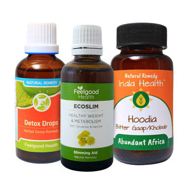 Three slimming and detox supplement bottles from Feelgood Health and Inala Health on a white background