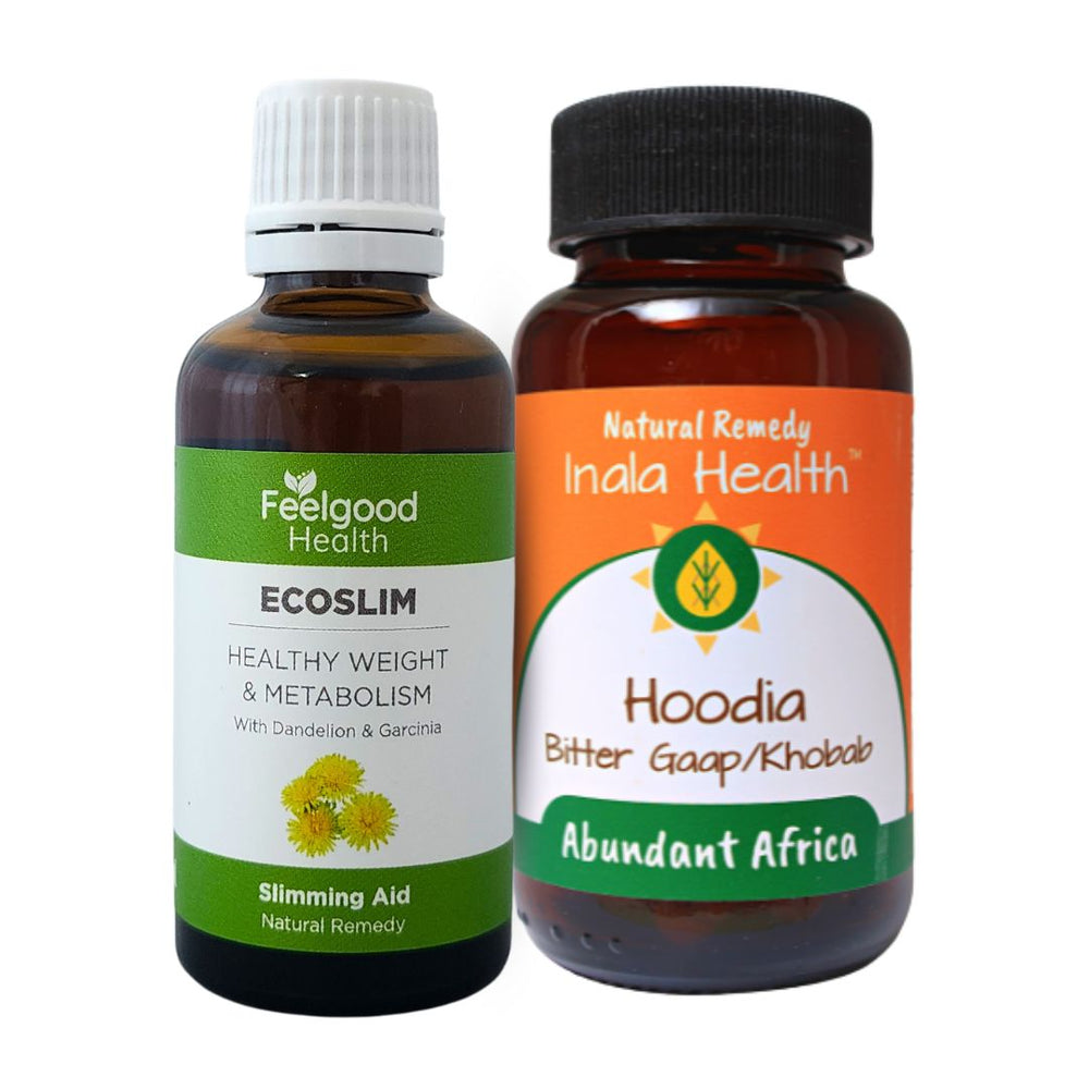 Two natural slimming supplement bottles from Feelgood Health and Inala Health on a white background