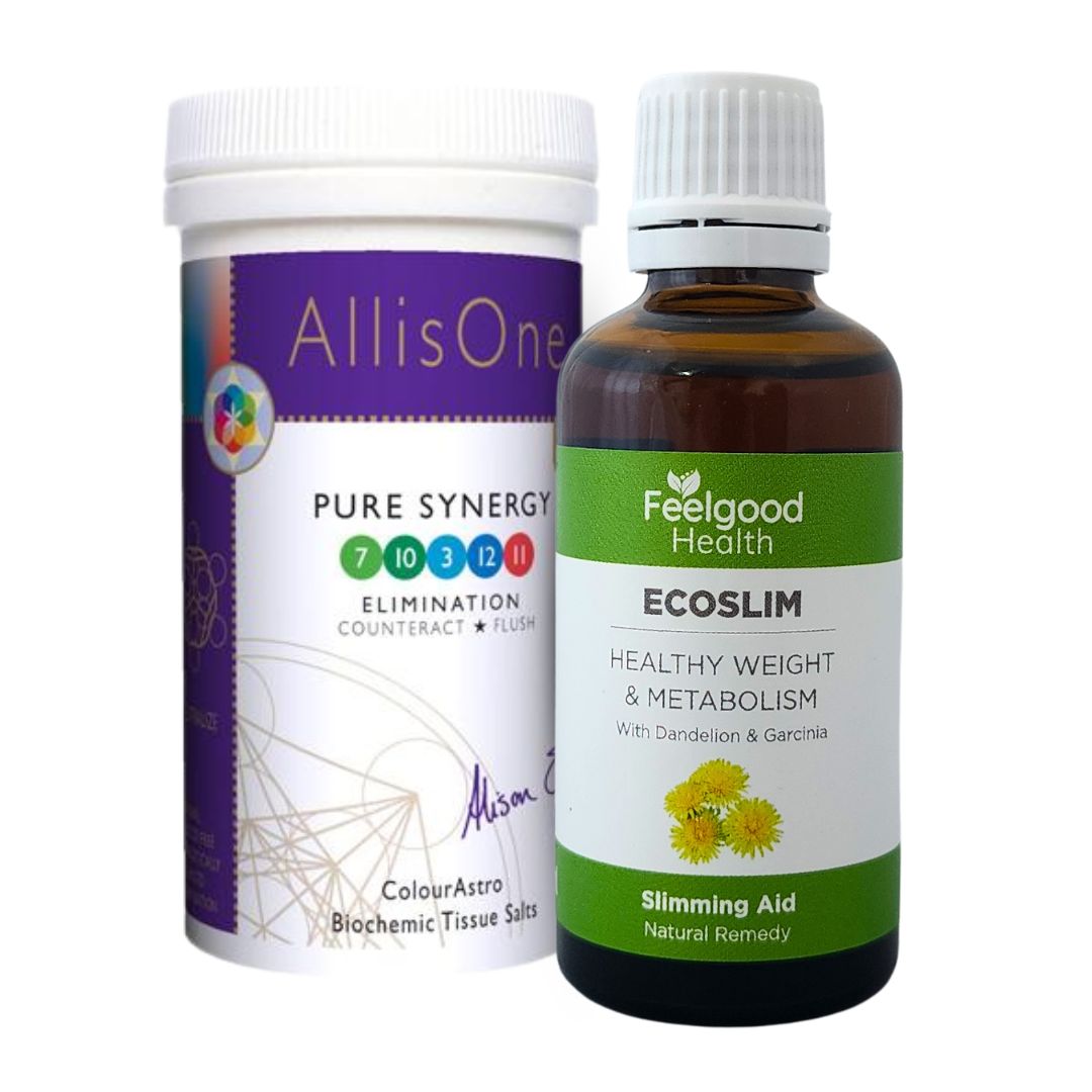 Two detox and slimming products, 'AllisOne' and 'Feelgood Health Ecoslim, on a white background.