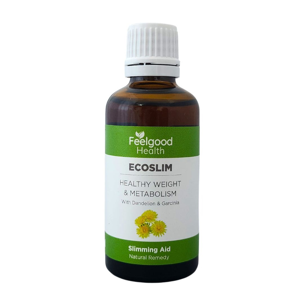 Bottle of Ecoslim Slimming Drops by Feelgood Health on a white background