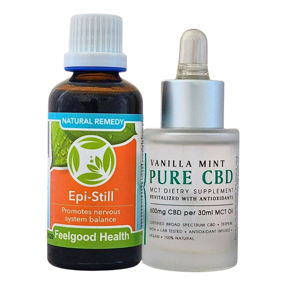 Epi-Still remedy bottle and vanilla mint CBD oil dropper.