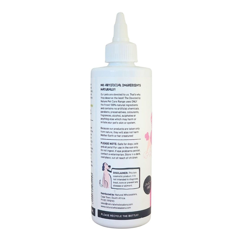 Devoted by Nature Eye Cleanser bottle showing the back label with “No Artificial Ingredients Naturally!” messaging and product care information