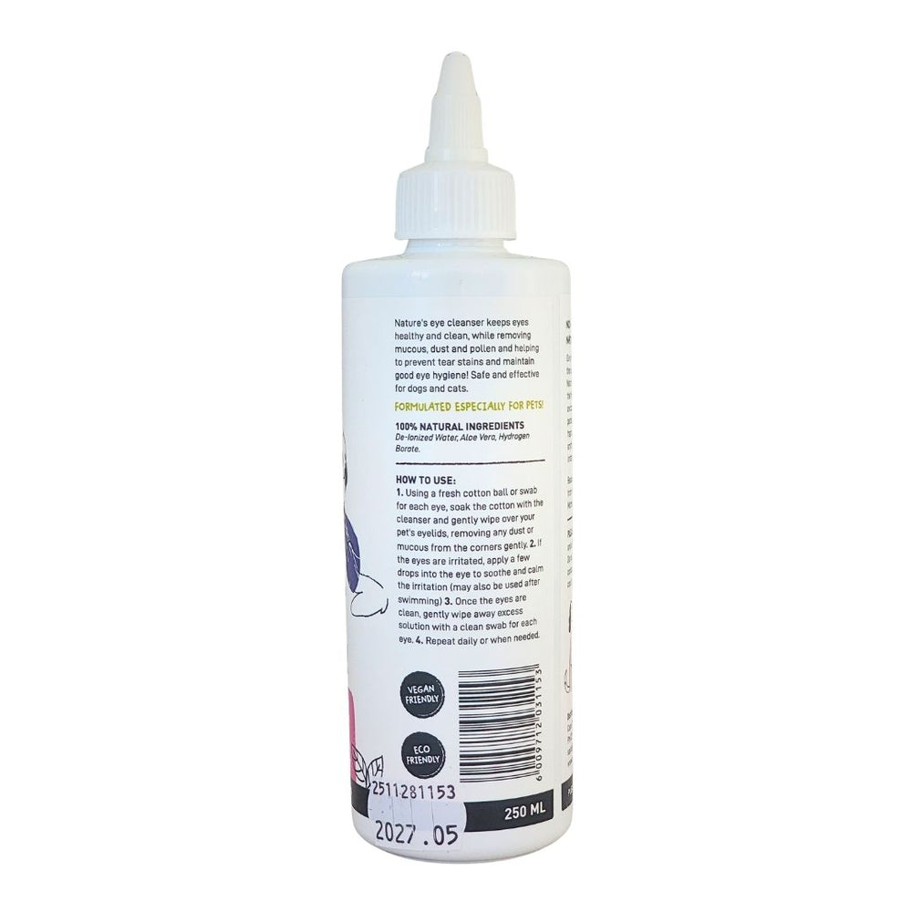 Devoted by Nature Eye Cleanser bottle showing the back label with ingredients, usage instructions, and a reminder that the product is for external use only.