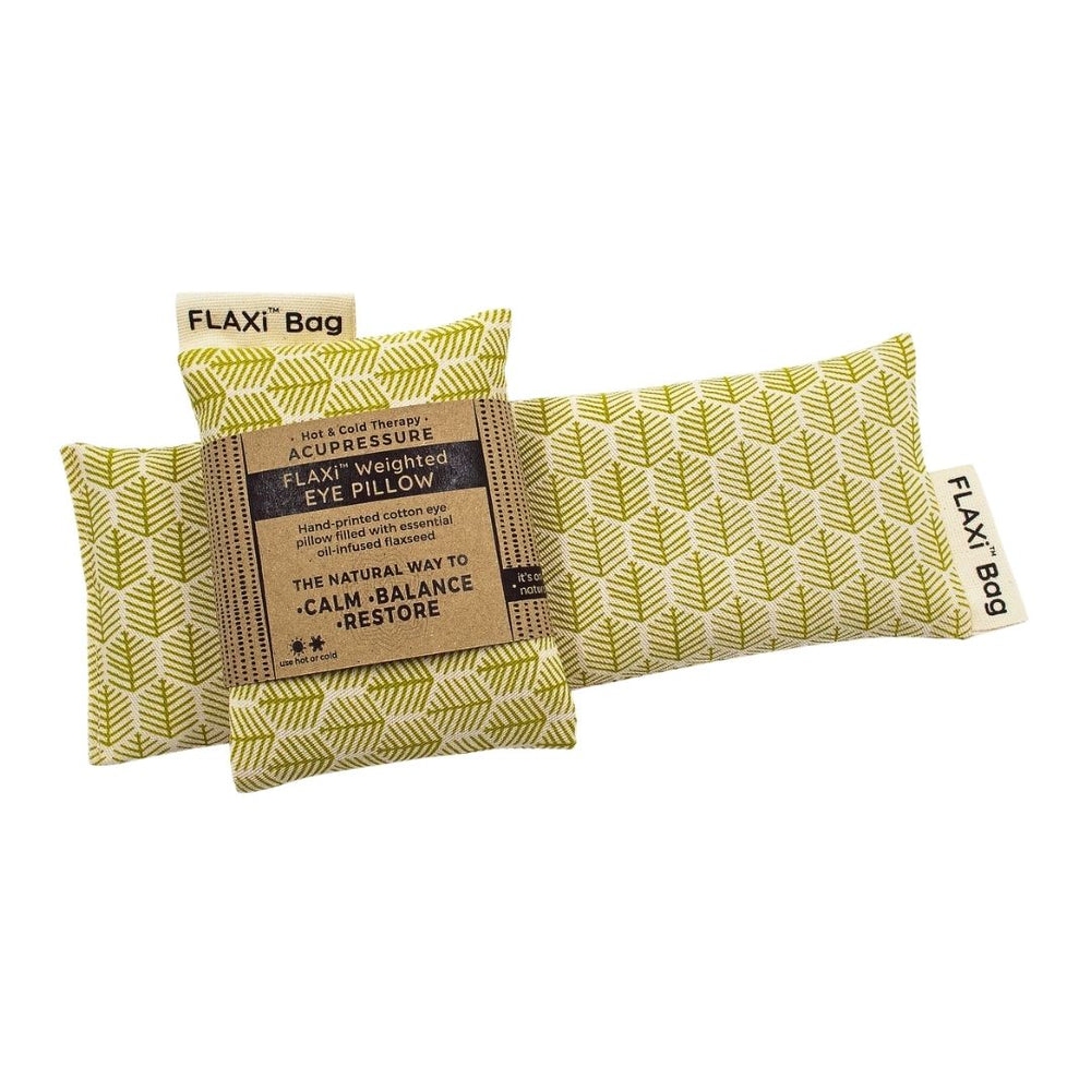 FLAXi Weighted Eye Pillow,  a hand-printed cotton eye pillow filled with flaxseed and essential oils, designed to provide soothing pressure and promote calm, balance and relaxation.