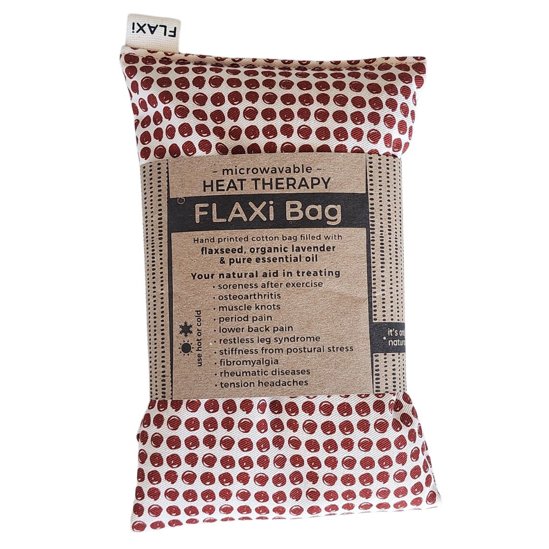 Flaxi heat therapy bag with red pattern on a white background