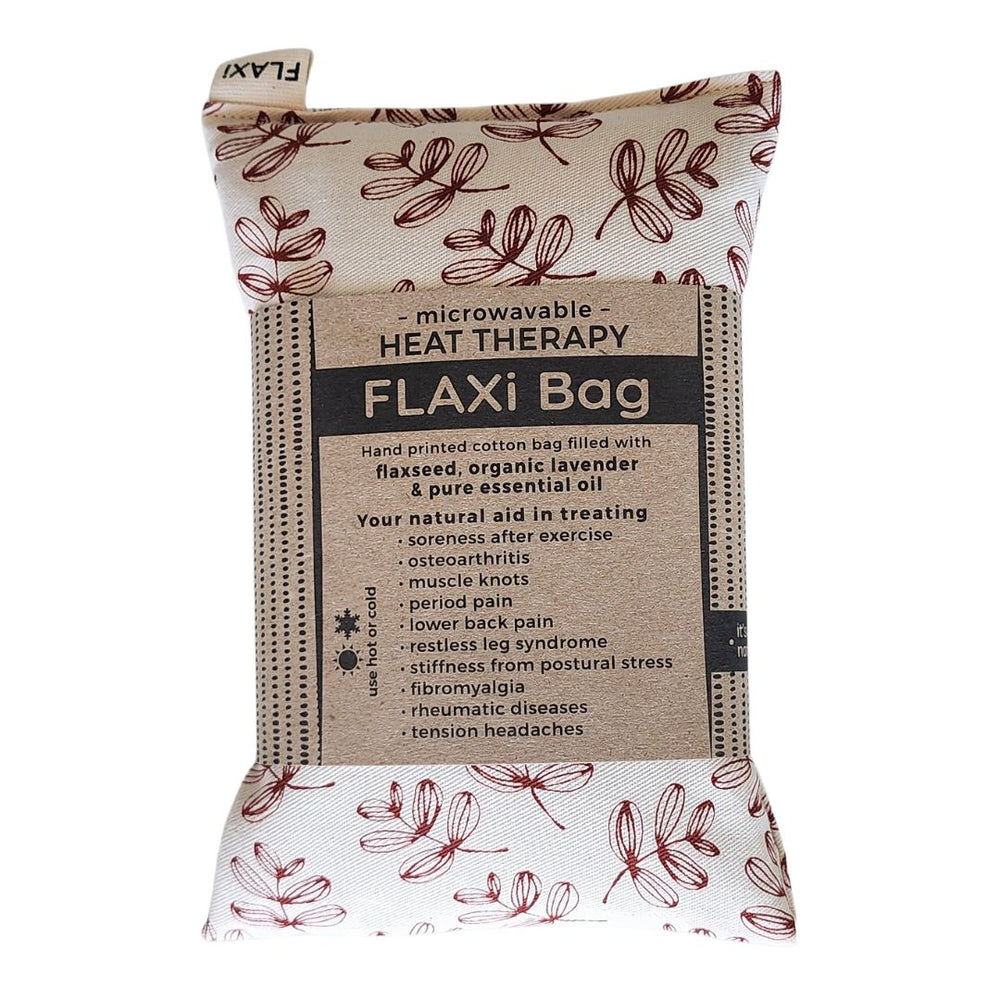 Flaxi lavender flaxseed natural heat therapy bag with floral pattern on a white background