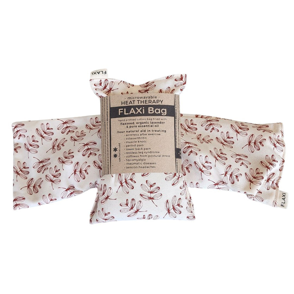 Flaxi flaxseed and lavender heat therapy bag with floral pattern on a white background