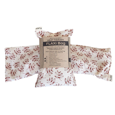 Flaxi flaxseed and lavender heat therapy bag with floral pattern on a white background