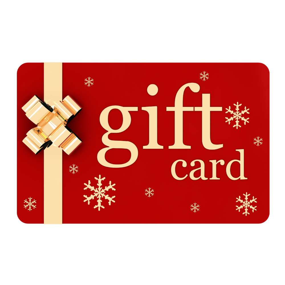 Red Feelgood Health gift card with gold bow and snowflakes on a white background