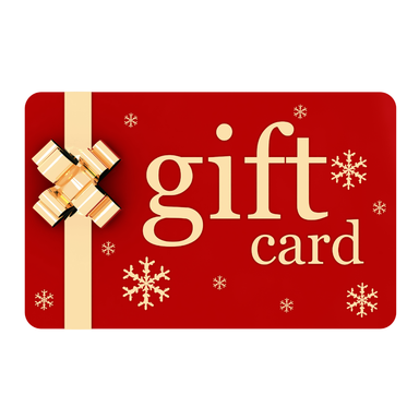 Red Feelgood Health gift card with gold bow and snowflakes on a white background
