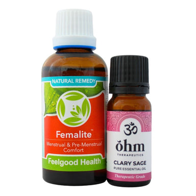 Bottles of Femalite natural PMS remedy and Ōhm Clary Sage essential oil