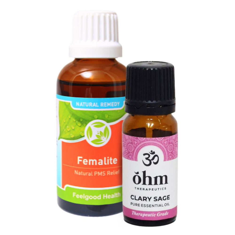 Bottles of Femalite natural PMS remedy and Ōhm Clary Sage essential oil