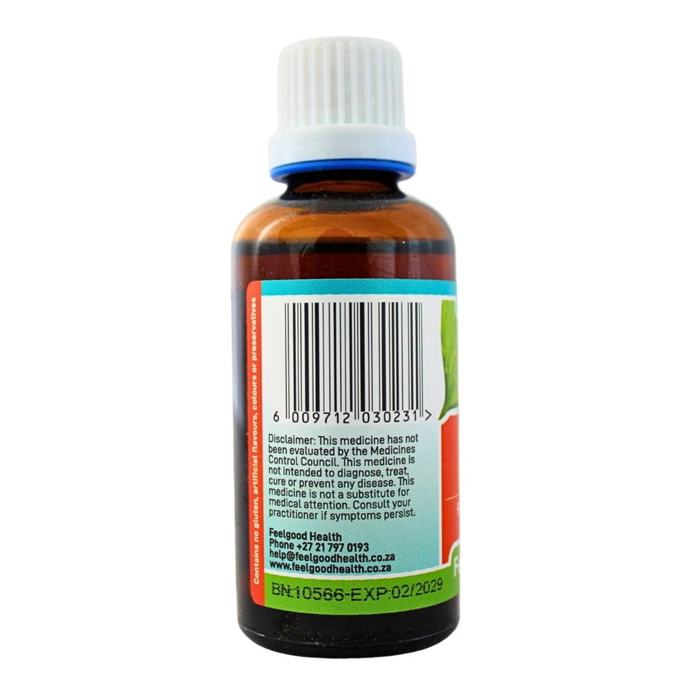 Feelgood Health 50ml bottle left view view showing barcode and product information