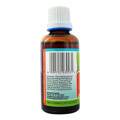 Feelgood Health 50ml bottle left view view showing barcode and product information