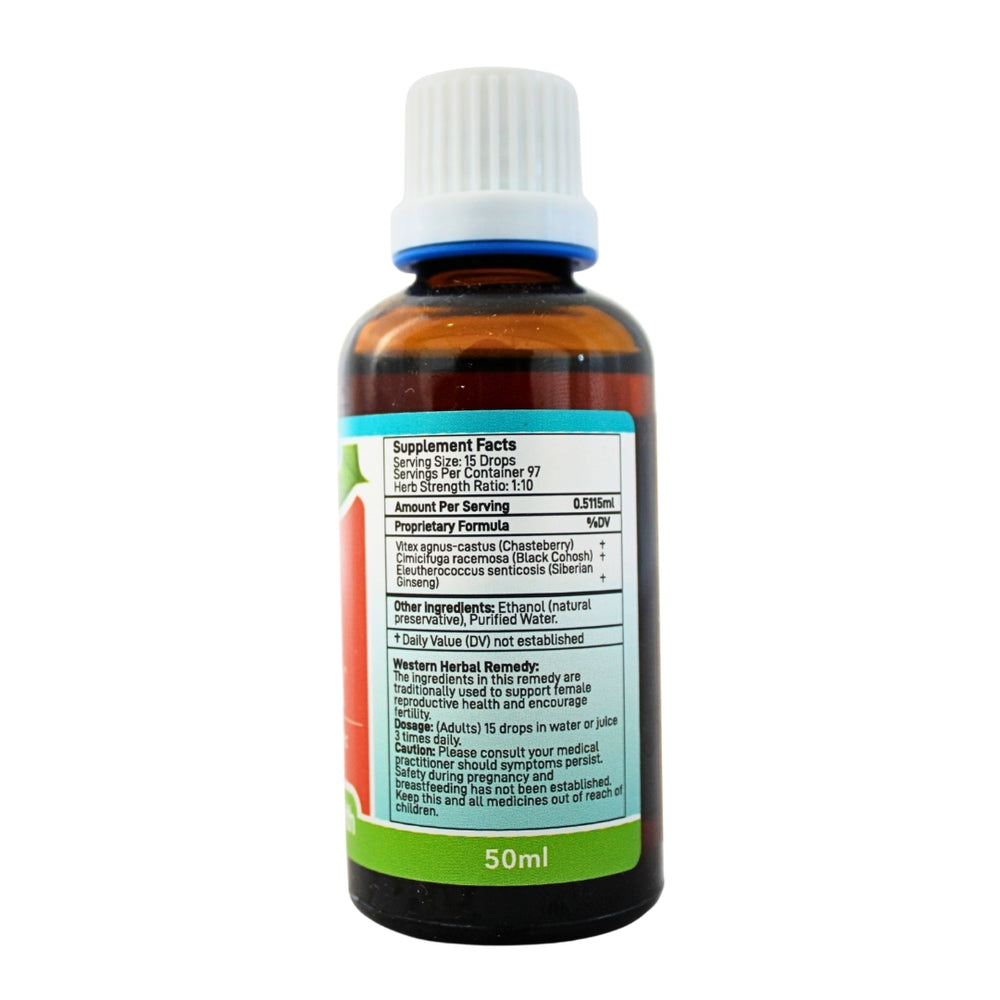 Feelgood Health Fertile XX 50ml bottle showing ingredients label and directions for use