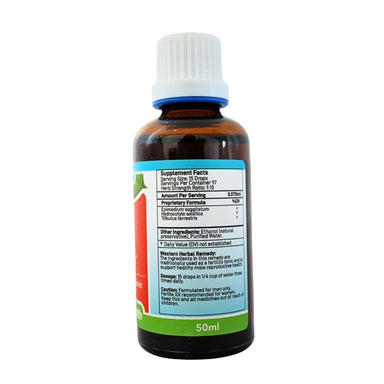 Feelgood Health Fertile XY herbal tincture 50ml bottle showing the ingredients label with directions for use and supplement facts.