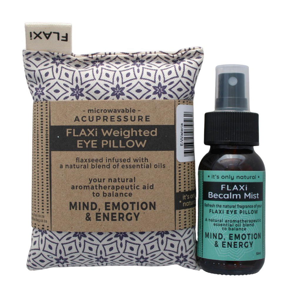 FLAXi weighted eye pillow with aromatherapy mist for relaxation.