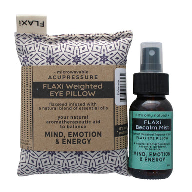 FLAXi weighted eye pillow with aromatherapy mist for relaxation.