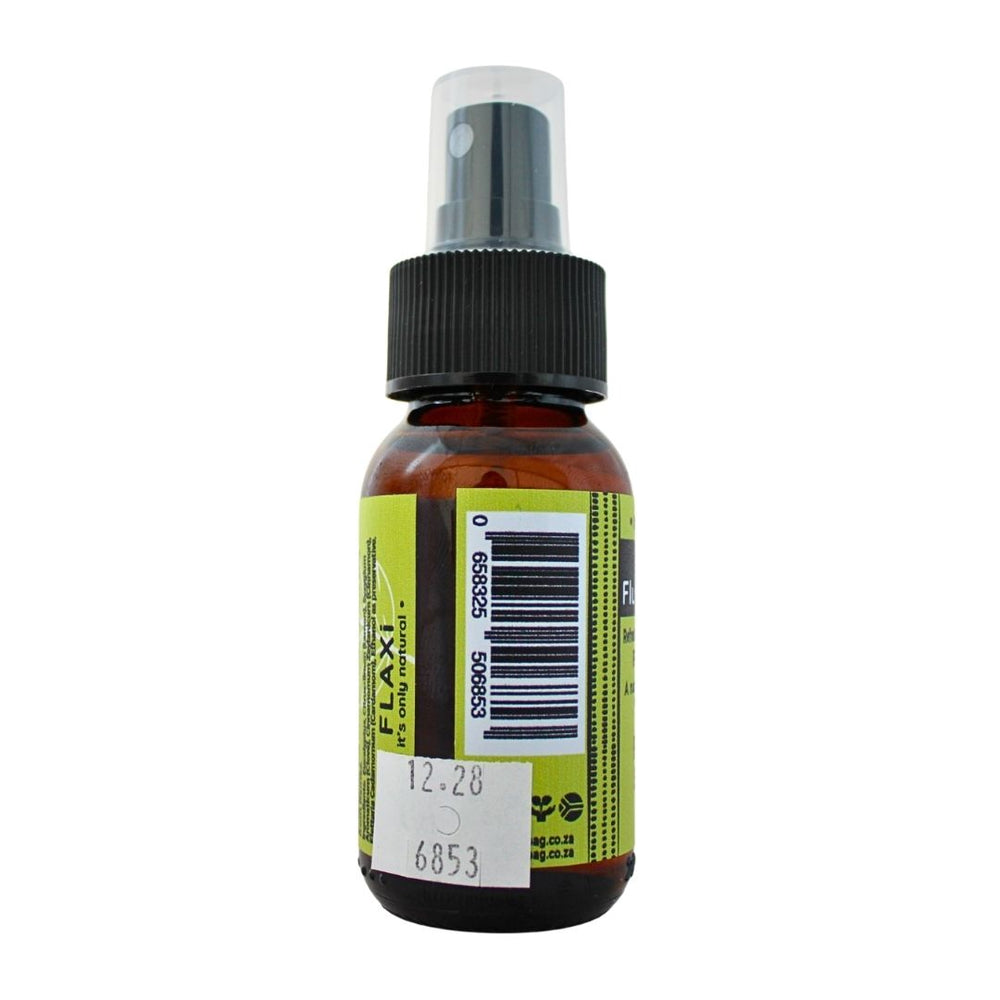 Flaxi Flu & Cold Mist spray bottle with green FLAXI label, barcode and expiry sticker.