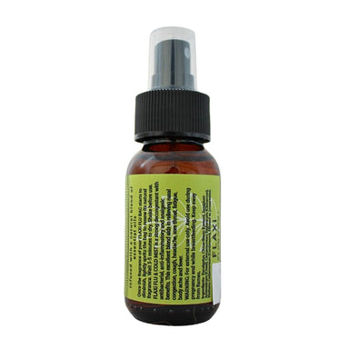 Amber glass spray bottle with a black pump and clear cap, featuring a green label with product instructions and branding.