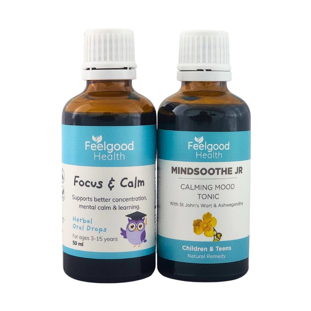 Feelgood Health Focus & Calm + MindSoothe Combo: Two bottles of natural remedies for kids' concentration and mood