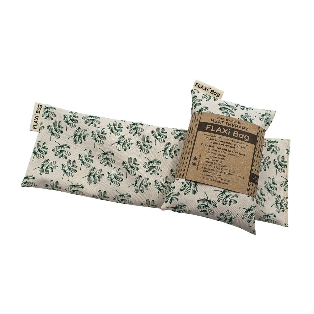 FLAXi Bag microwavable heat therapy bag with a floral pattern, filled with flaxseed and lavender for natural heat or cold therapy