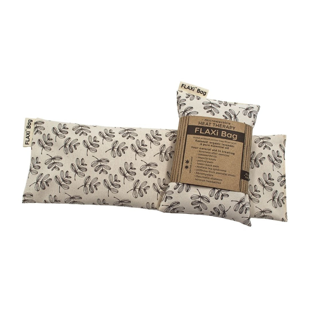 FLAXi Bag microwavable heat therapy bag with a floral pattern, filled with flaxseed and lavender for natural heat or cold therapy
