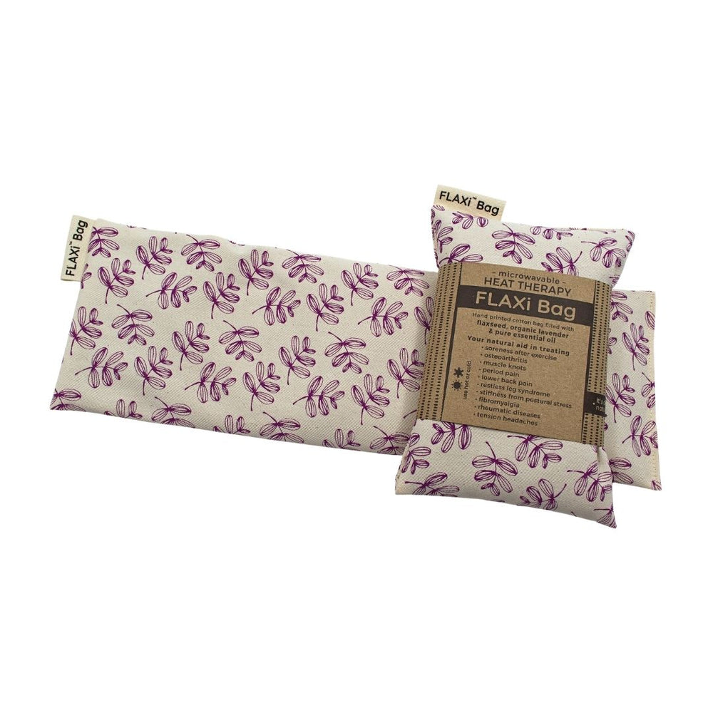 FLAXi Bag microwavable heat therapy bag with a floral pattern, filled with flaxseed and lavender for natural heat or cold therapy