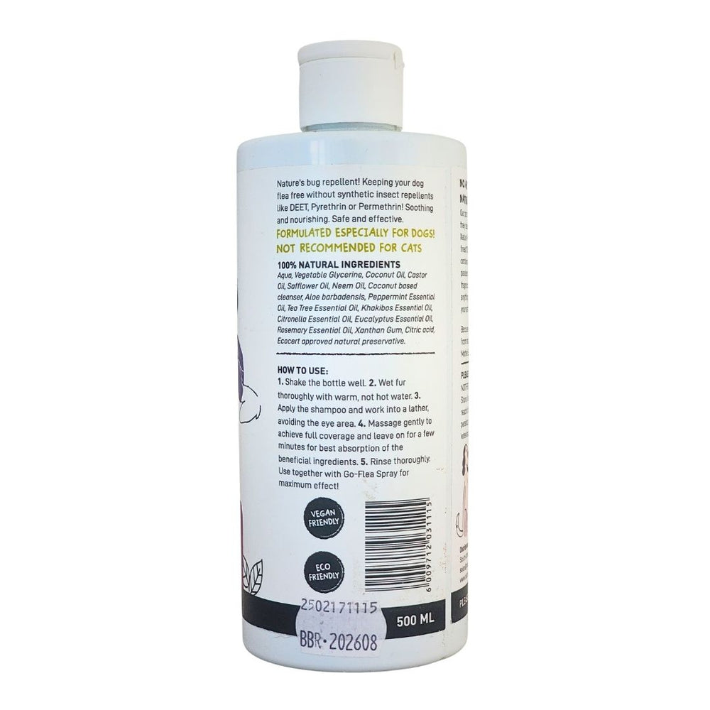 Side view of Devoted by Nature Go-Flea Shampoo, showing natural ingredients, directions for use, vegan and eco-friendly labels, and 500 ml packaging.