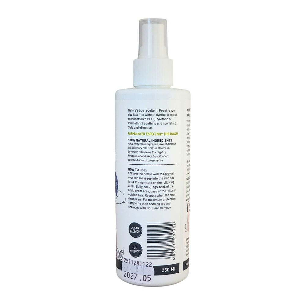 Devoted by Nature Go Flea Spray bottle showing the back label with ingredients, usage instructions, and a reminder that the product is for external use only.